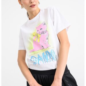 Tricou din bumbac cu imprimeu pisica - Alb/Roz/Albastru
