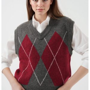 Pulover dama - BigDart - vesta cu decolteu in V - model geometric - tricot - Gri carbune -