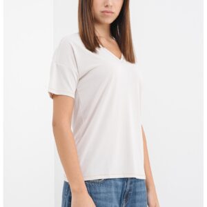 Tricou din amestec de modal cu decolteu in V - Bej deschis