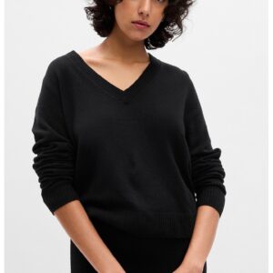 Pulover slim-fit cu decolteu in V - Negru