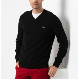 Pulover regular fit din bumbac organic cu decolteu in V - Negru