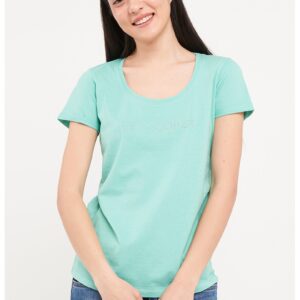 Tricou cu logo decorat cu strasuri si decolteu rotund - Verde pal