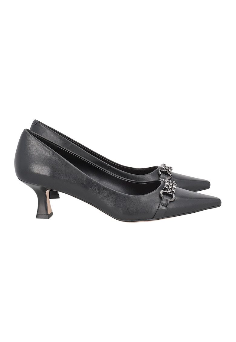 Pantofi de piele cu toc si detaliu metalic - Negru