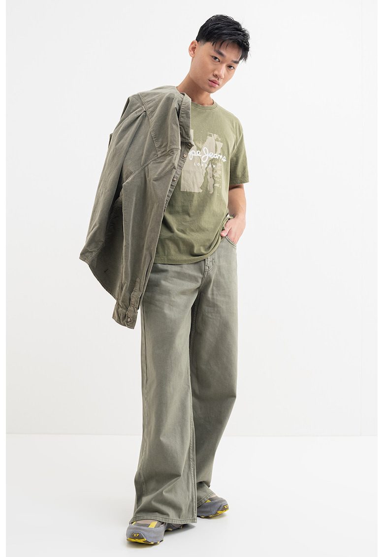 Tricou de bumbac cu logo - Alb murdar/Verde feriga/Bej deschis