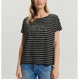 Tricou cu dungi si strasuri - Alb/Negru