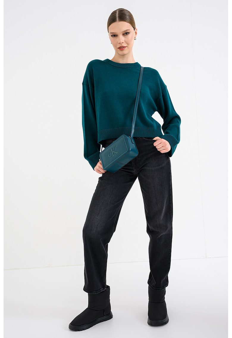 Pulover uni din bumbac cu maneci cazute - Verde inchis
