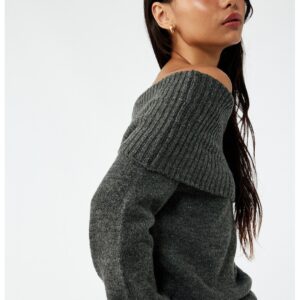 Pulover regular-fit cu decolteu pe umeri - Gri inchis melange