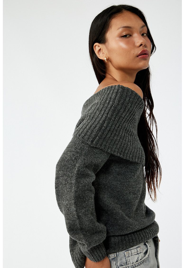 Pulover regular-fit cu decolteu pe umeri - Gri inchis melange