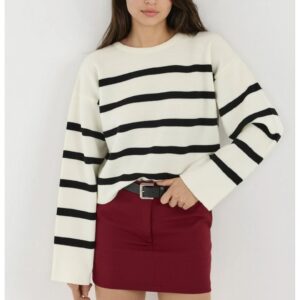 Pulover dama crop - croiala relaxata - dungi - alb - tricot