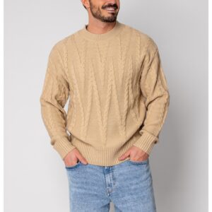 Pulover din mix de lana cu model tricotat Beige 19048 - Bej
