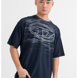 Tricou cu imprimeu logo si decolteu la baza gatului - Bleumarin