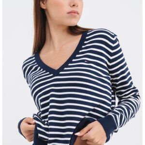 Pulover din bumbac organic cu decolteu in V - Alb/Bleumarin