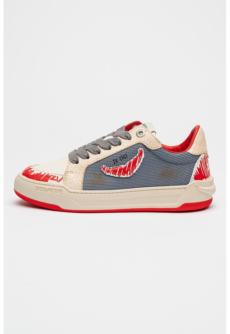 Pantofi sport din piele cu model si aspect uzat - Albastru prafuit/Rosu vermillion/Bej deschis