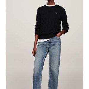 Pulover dama -  negru - lana pura - tricot cu cablu - guler inalt