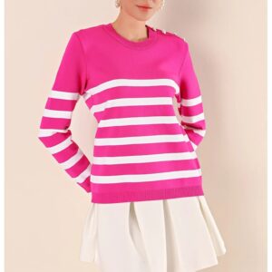 Pulover dama BigDart - guler rotund - dungi - detaliu cu nasturi - acrilic - Roz magenta -