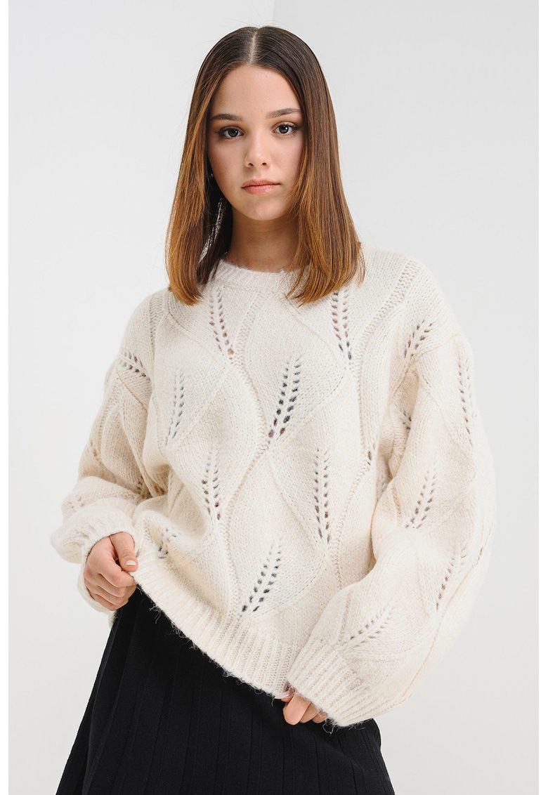 Pulover uni cu model pointelle - Alb fildes