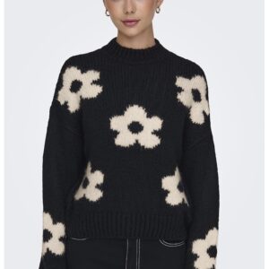 Pulover cu maneci cazute si model floral - Alb fildes/Negru