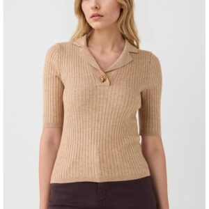 Tricou slim-fit cu revere decupate si striatii - Bej inchis
