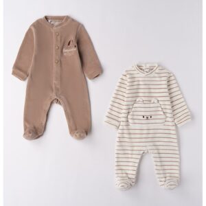 Set de salopete din amestec de bumbac - 2 piese - Alb fildes/Maro deschis