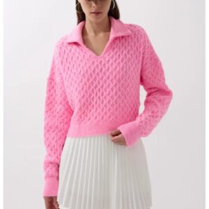 Pulover dama - pulover tricotat texturat cu guler camasa - roz - tricot