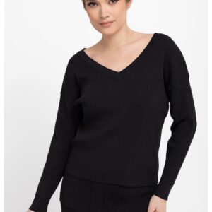 Pulover dama cu nervuri - cu decolteu in V - S-Tika - Regular Fit - Negru - Negru