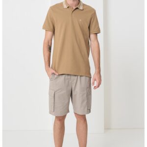Tricou polo din bumbac - Alb/Maro nisip