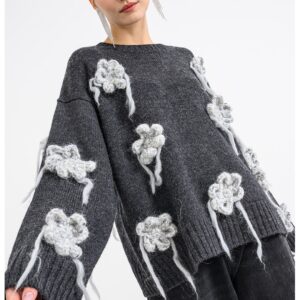 Pulover din amestec de lana cu detalii florale - Gri deschis melange/Gri antracit