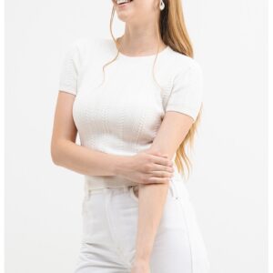 Pulover slim-fit cu maneci scurte - Alb