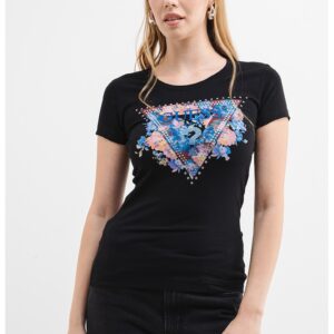 Tricou slim fit cu logo si decolteu la baza gatului - Negru/Albastru