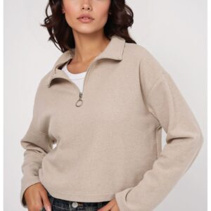 Pulover dama - HiCCUP - Relaxed Fit Crop - guler cu fermoar - crem - bumbac si poliester