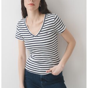 Tricou striat cu decolteu in V - Alb murdar/Bleumarin