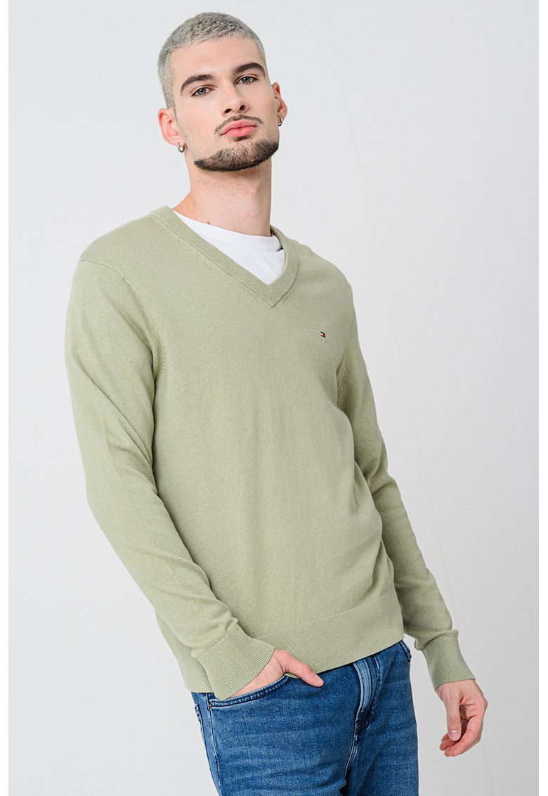 Pulover din amestec de bumbac organic si casmir cu decolteu in V - Verde sparanghel