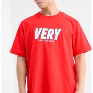 Tricou cu decolteu la baza gatului si imprimeu - Rosu/Alb