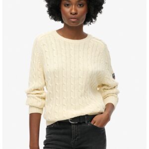 Pulover din bumbac organic cu model torsade - Crem