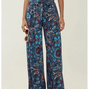Pantaloni dama - cu imprimeu - talie elastica - albastru - bumbac