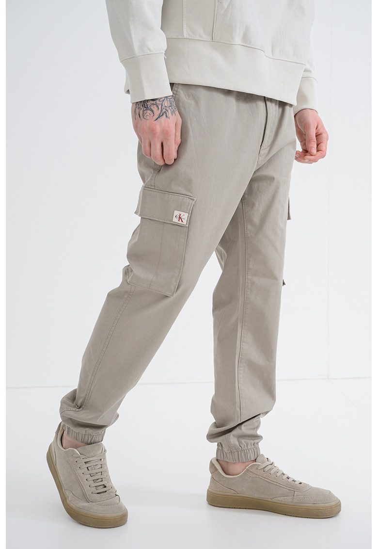 Pantaloni cargo din amestec de bumbac cu talie elastica - Gri deschis