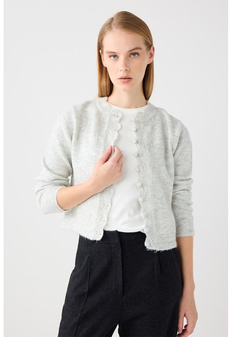 Cardigan slim fit cu terminatie valurita - Gri melange