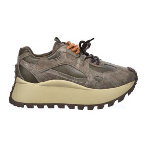 Pantofi sport flatform de piele cu garnituri de piele intoarsa - Maro taupe/Kaki