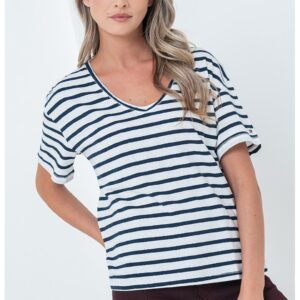 Tricou lejer din amestec de in cu model in dungi si decolteu in V - Alb murdar/Bleumarin