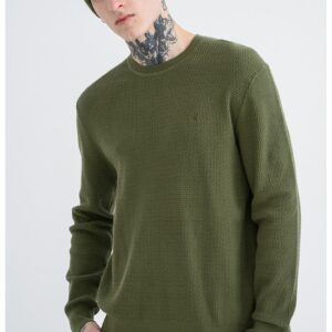 Pulover texturat cu decolteu la baza gatului - Verde