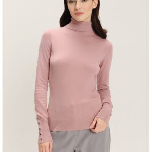 Pulover tricotat fin cu guler inalt - Roz prafuit