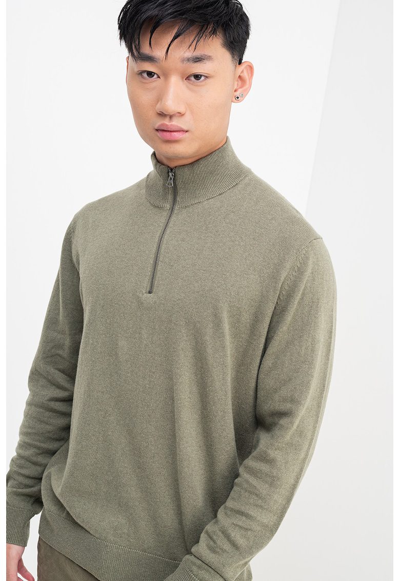 Pulover regular fit uni cu guler cu fermoar - Verde feriga