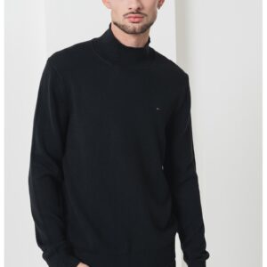 Pulover slim fit din bumbac organic cu guler inalt - Negru