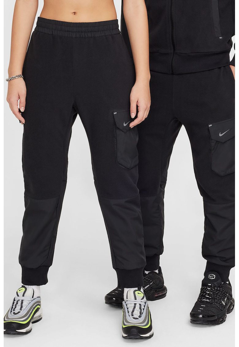 Pantaloni de trening cargo cu segmente din fleece - Negru
