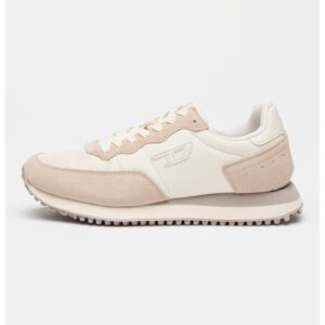 Pantofi sport low-cut cu garnituri din piele intoarsa - Alb fildes/Roz prafuit