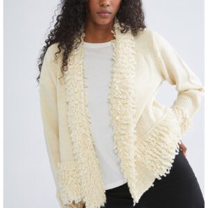 Cardigan uni cu detalii pufoase - fara inchidere - Crem