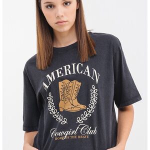 Tricou crop cu imprimeu - Negru stins/Caramel/Alb murdar