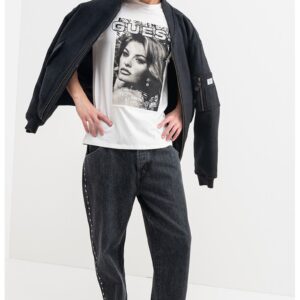 Tricou cu decolteu la baza gatului si imprimeu foto - Alb/Negru