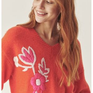 Pulover din amestec de lana cu decolteu in V TATUUM x Adeline Wang - Alb/Coral/Roz