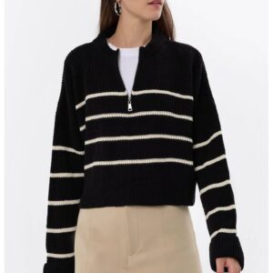 Pulover tricotat - cu dungi - fermoar - negru - acrilic